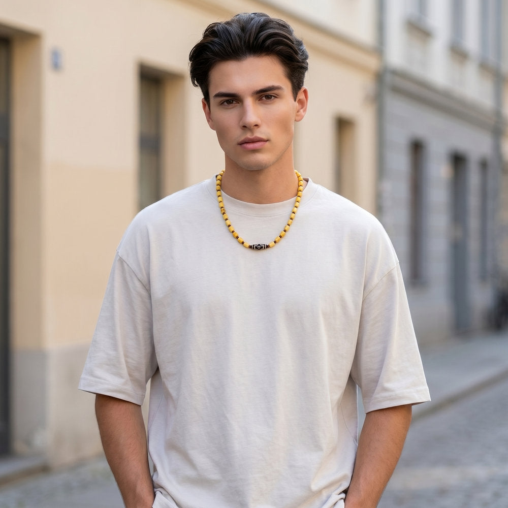 Men’s Natural Baltic Amber Necklace with Six-Eye Dzi-Style Bead