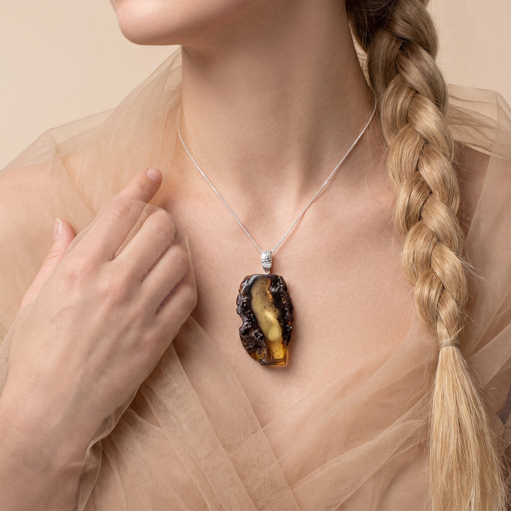 One-of-a-Kind Natural Baltic Amber Slice Pendant in Sterling Silver