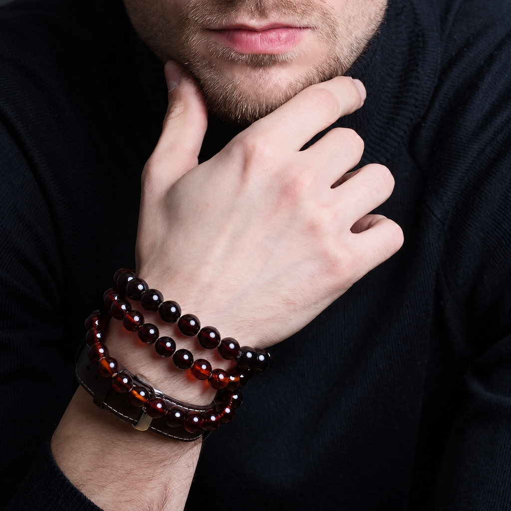 Men’s Natural Baltic Amber Bracelet – Cognac Amber Round Beads, 11 mm