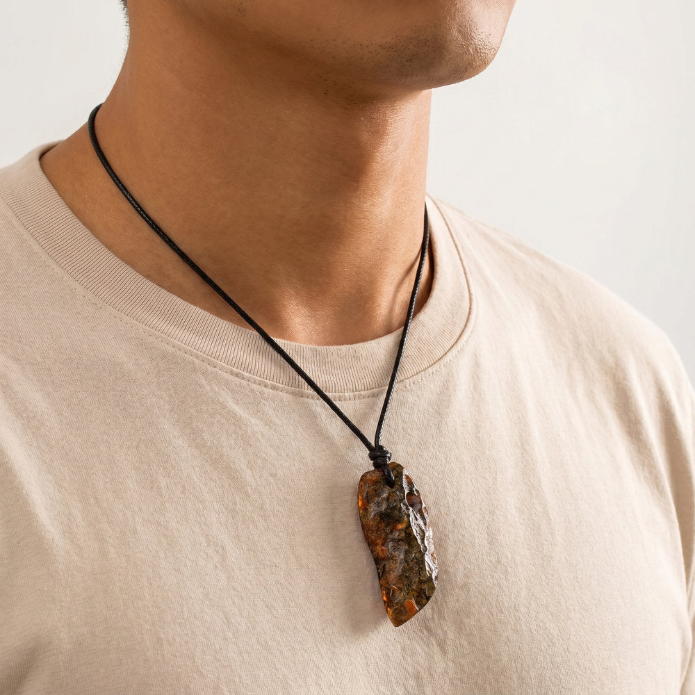 Men’s Raw Baltic Amber Pendant – Natural Cognac Amber on Black Cord