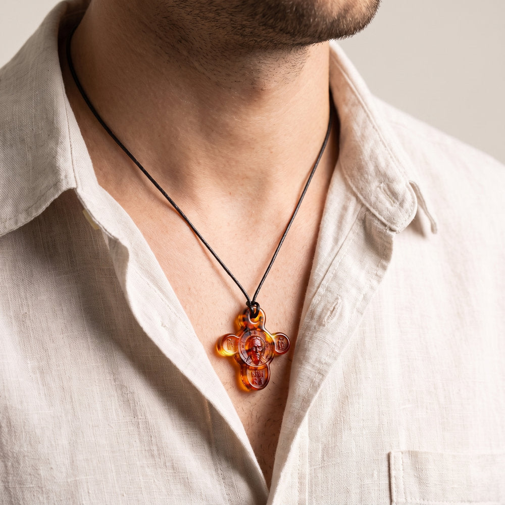 Natural Baltic Amber Orthodox Cross Pendant – Christ Pantocrator