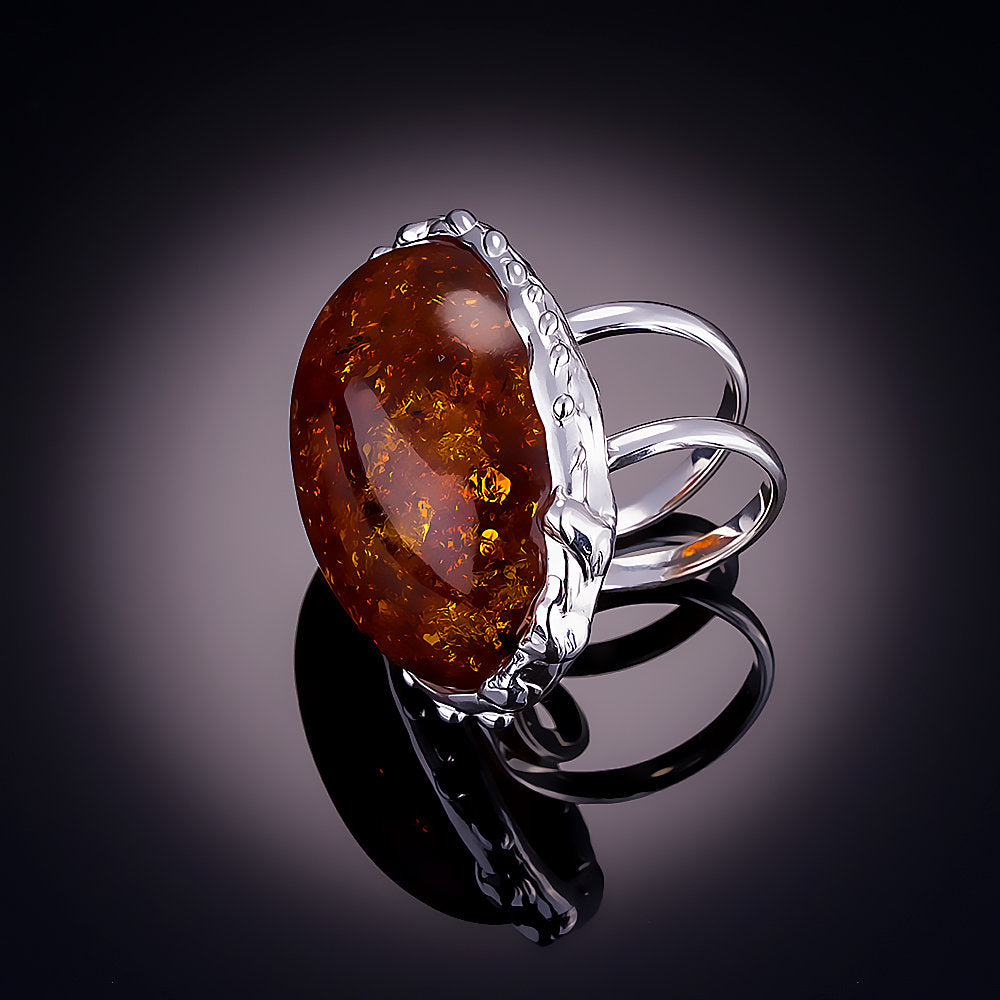 Women’s Natural Baltic Amber Statement Ring – Cognac Amber & Sterling Silver