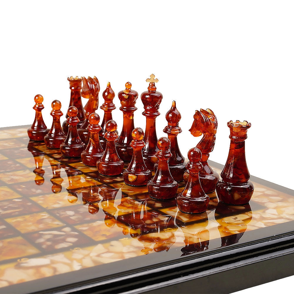 Natural Amber Inlay & Wood Chess Set – Honey and Cognac