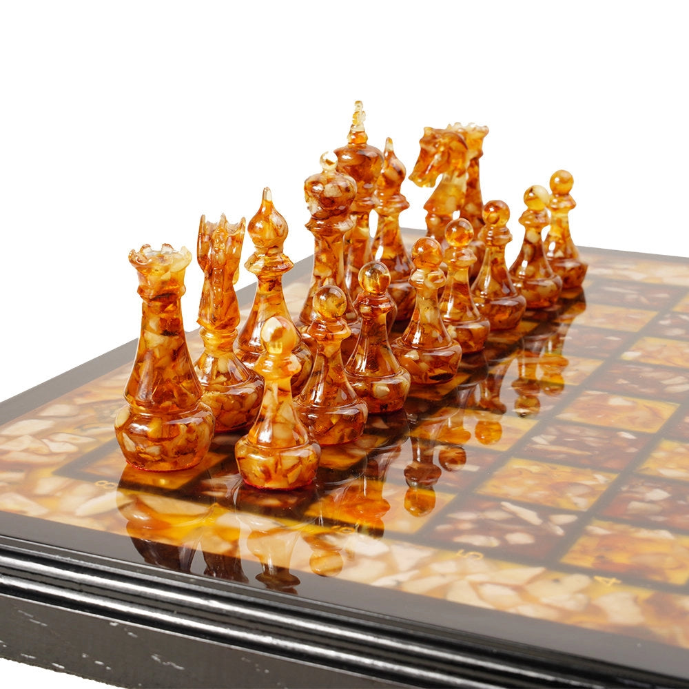Natural Amber Inlay & Wood Chess Set – Honey and Cognac