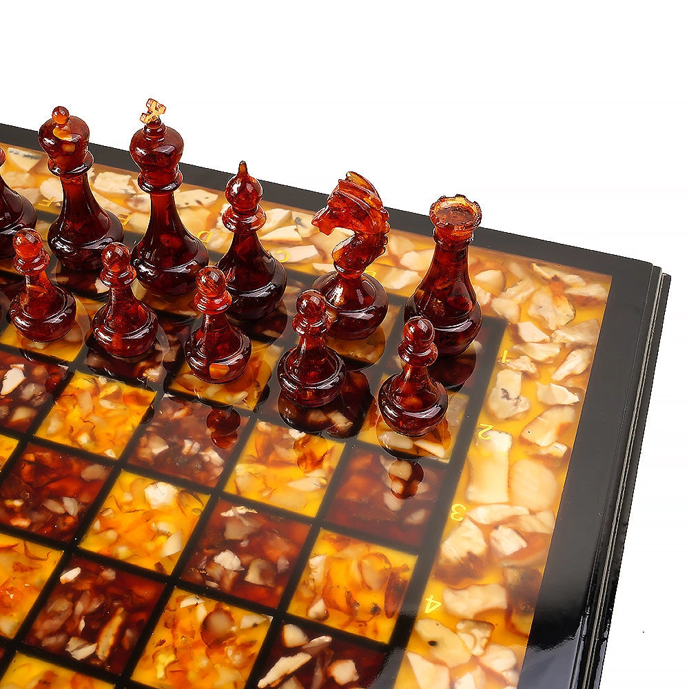 Natural Amber Inlay & Wood Chess Set – Honey and Cognac