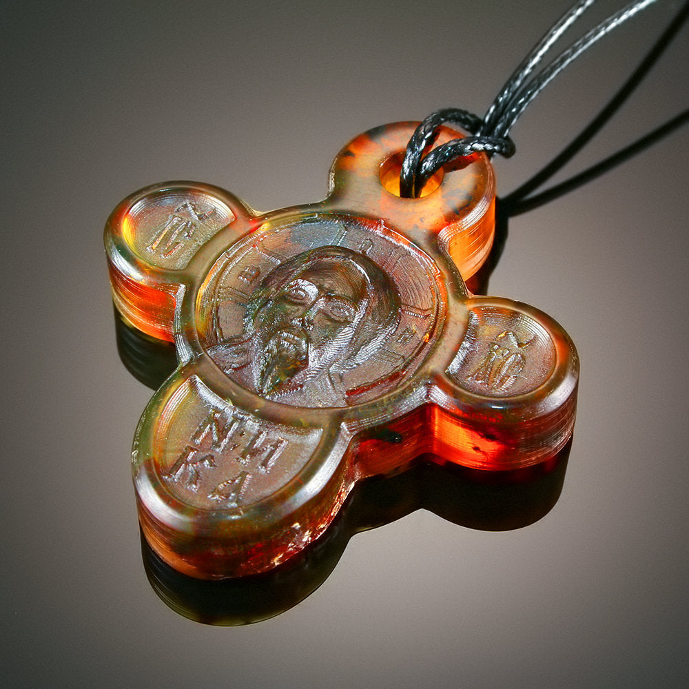 Natural Baltic Amber Orthodox Cross Pendant – Christ Pantocrator