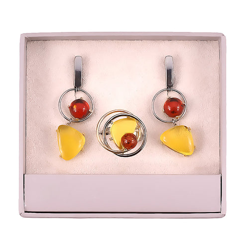 Cognac & Lemon Baltic Amber Jewelry Set – Sterling Silver & Gold Plated