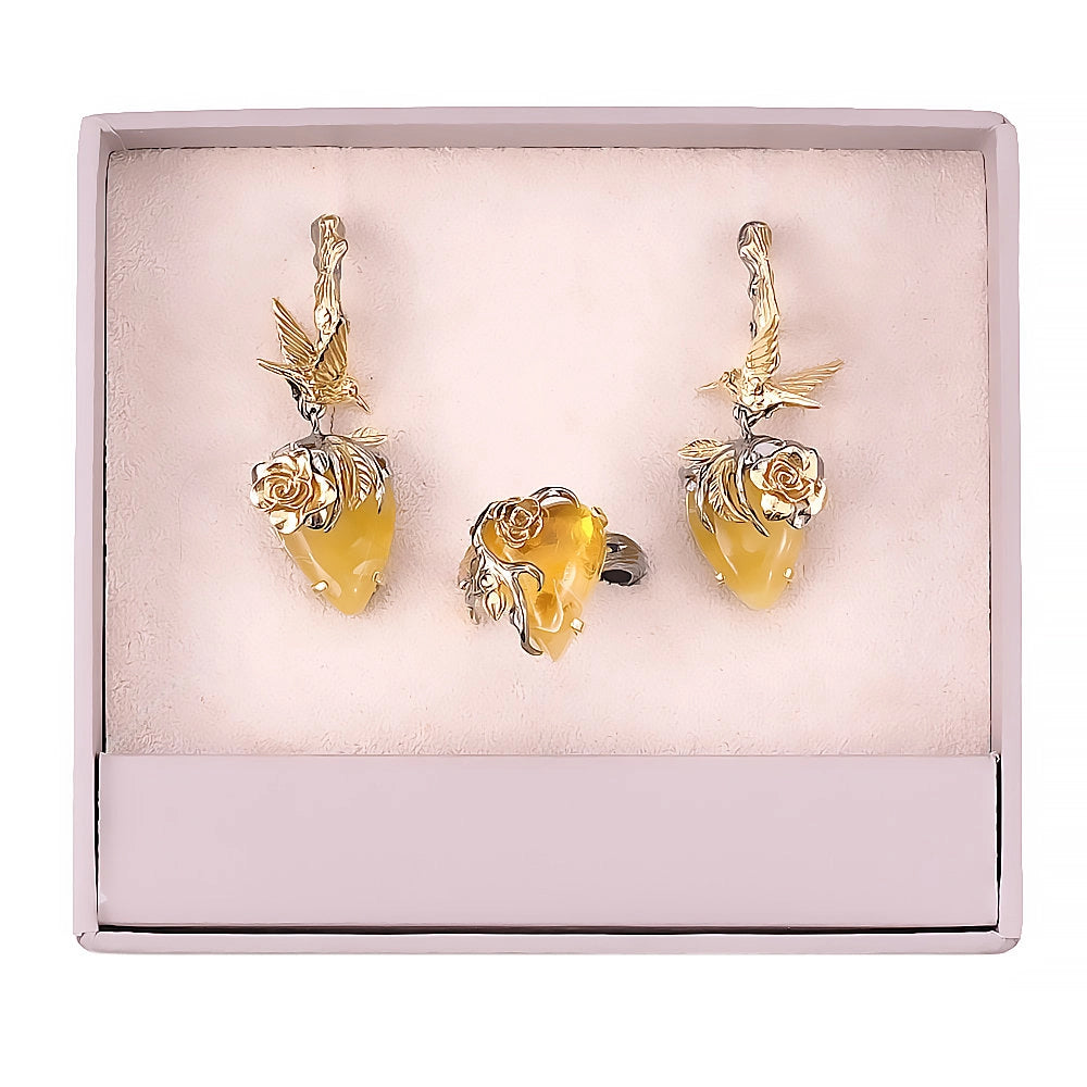 Floral Baltic Amber Earrings & Adjustable Ring Set – Gold-Plated Sterling Silver