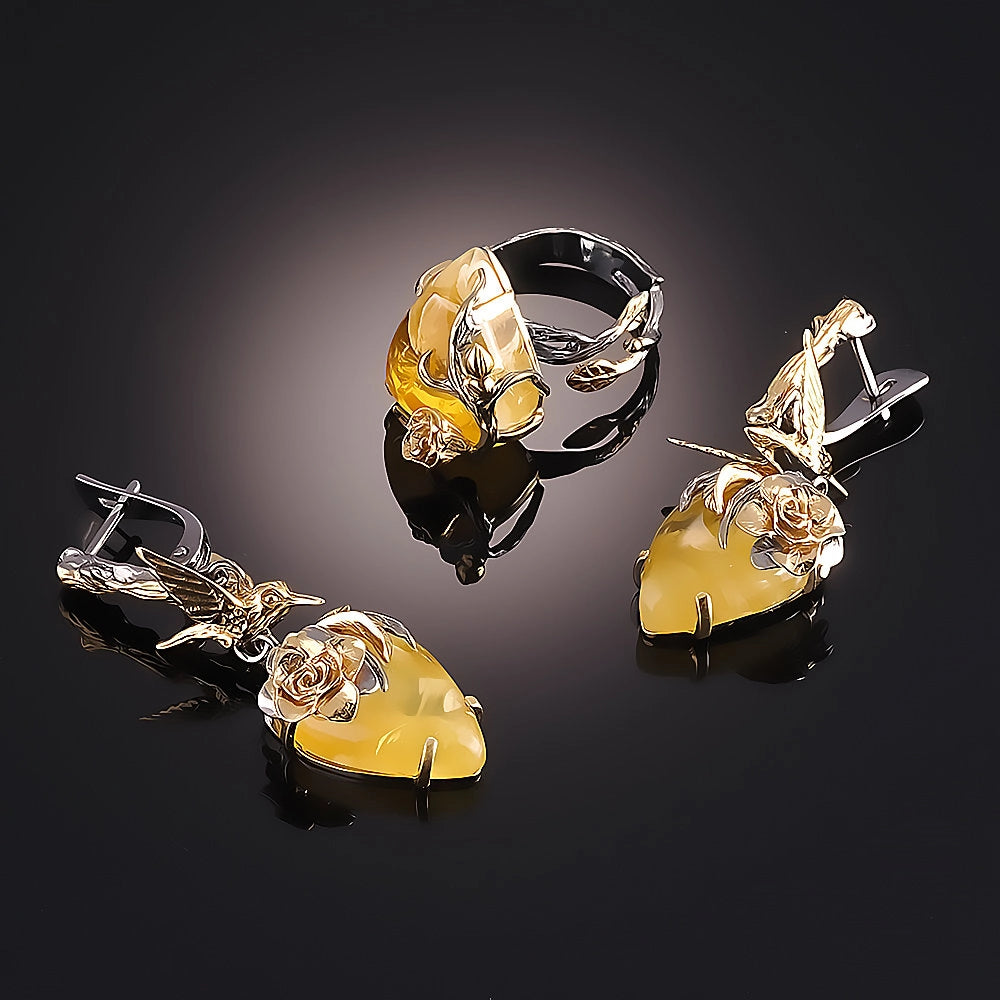 Floral Baltic Amber Earrings & Adjustable Ring Set – Gold-Plated Sterling Silver