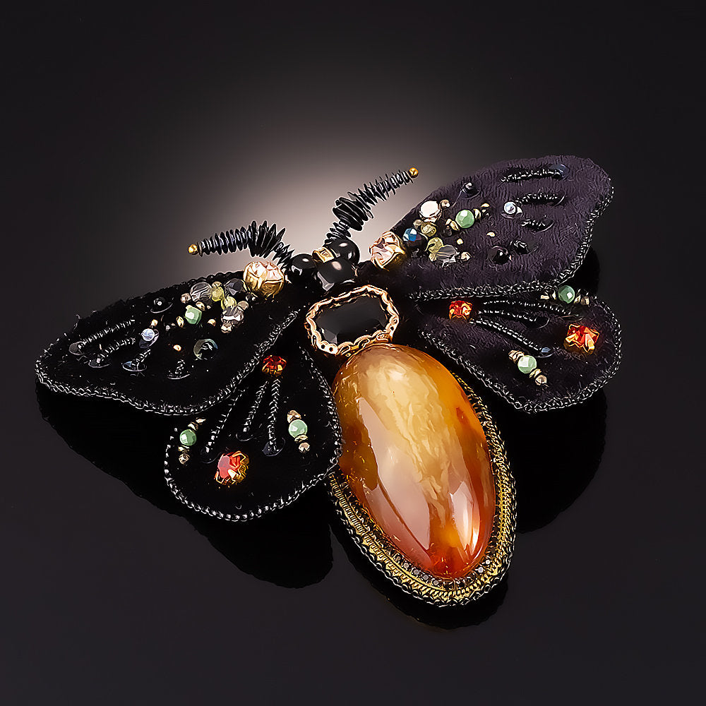 Handmade Baltic Amber Butterfly Brooch – Beaded Statement Jewelry