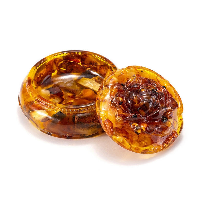 Natural Baltic Amber Jewelry Box with Rose Lid | Round Decorative Keepsake Box