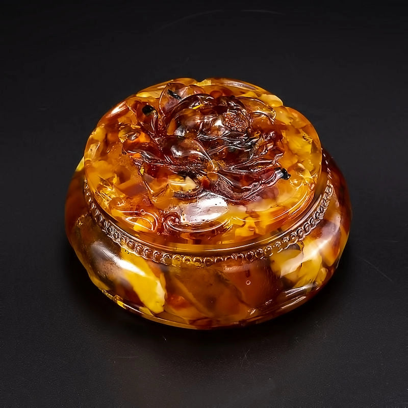 Natural Baltic Amber Jewelry Box with Rose Lid | Round Decorative Keepsake Box