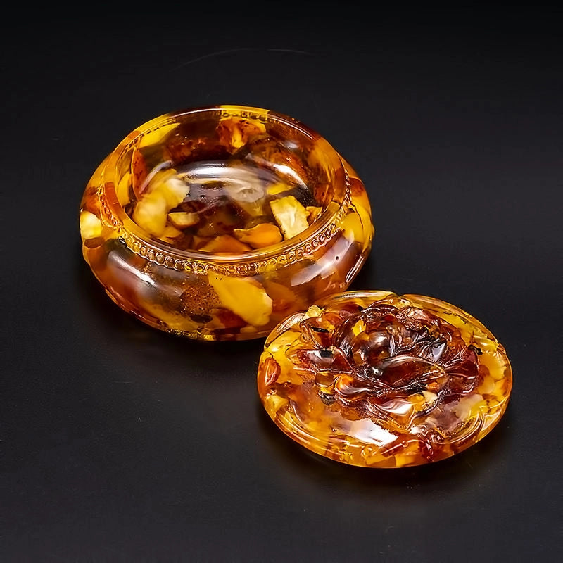 Natural Baltic Amber Jewelry Box with Rose Lid | Round Decorative Keepsake Box