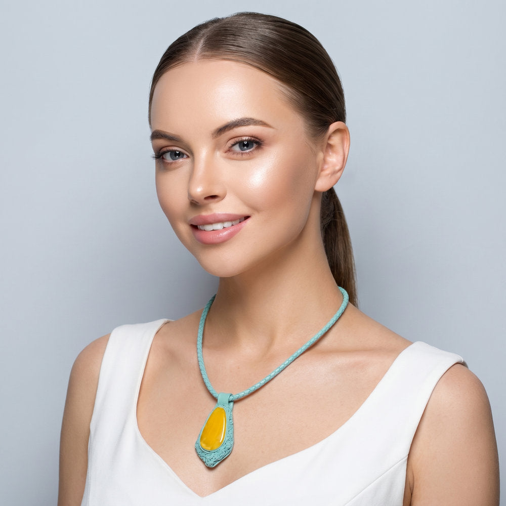 Natural Baltic Amber Pendant Necklace – Turquoise Genuine Leather, Handmade Honey Amber Jewelry