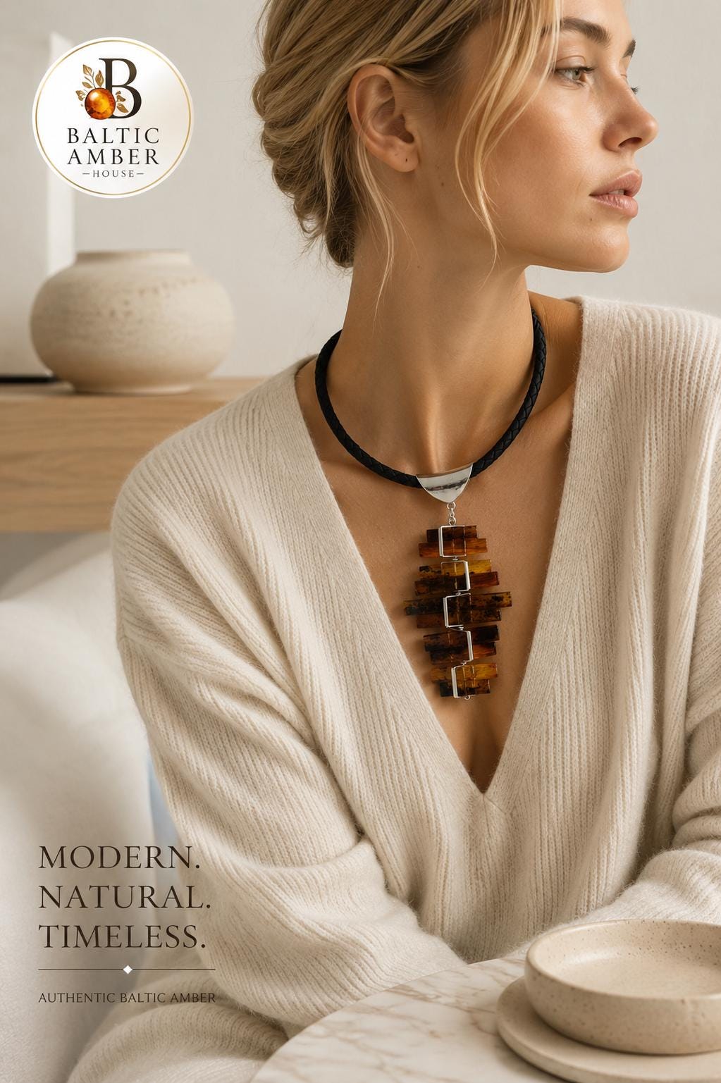 Genuine Baltic Amber Necklace 23.6 Inch Modern Statement Jewelry Honey Cognac Amber Pendant