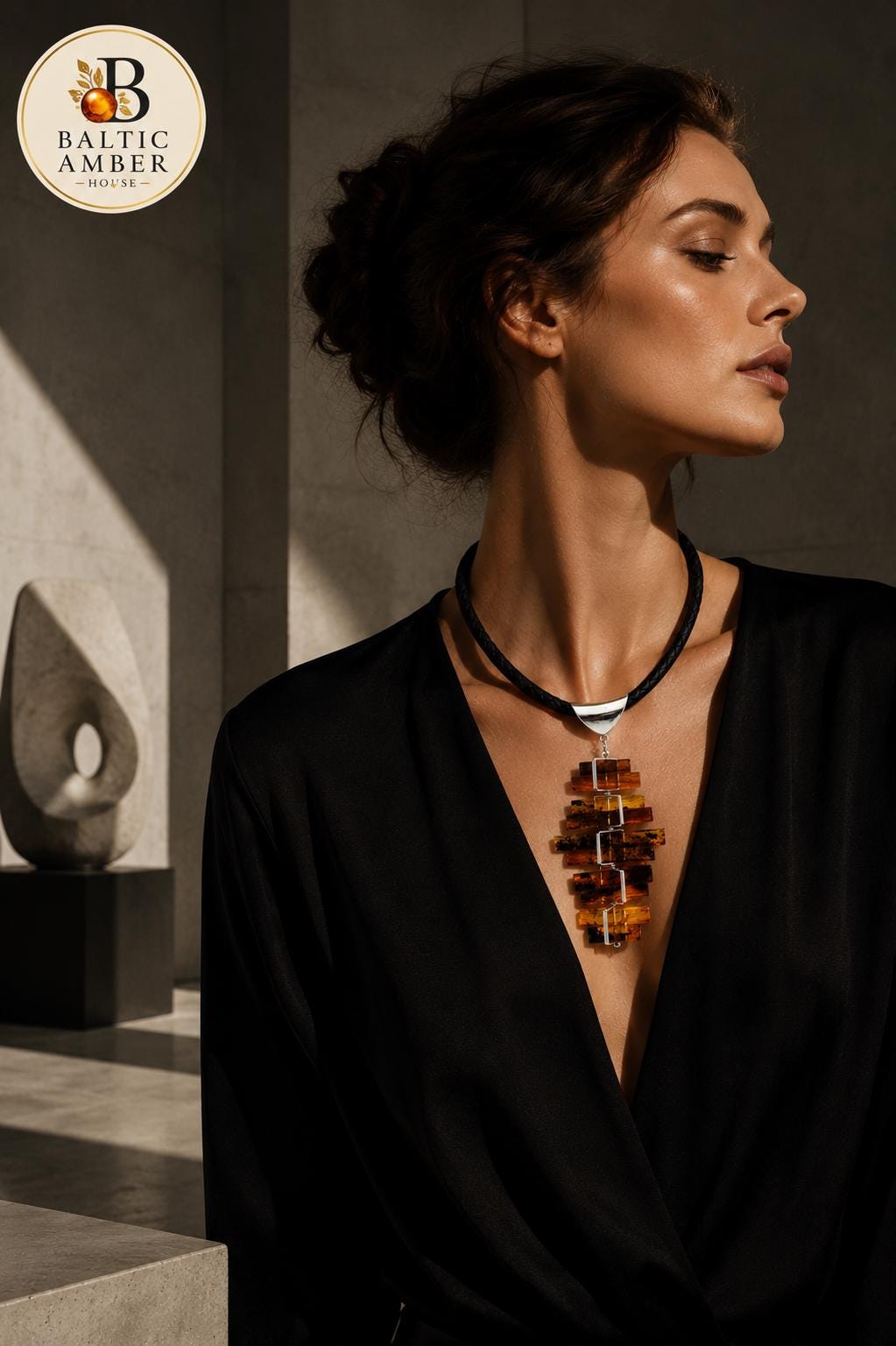 Genuine Baltic Amber Necklace 23.6 Inch Modern Statement Jewelry Honey Cognac Amber Pendant