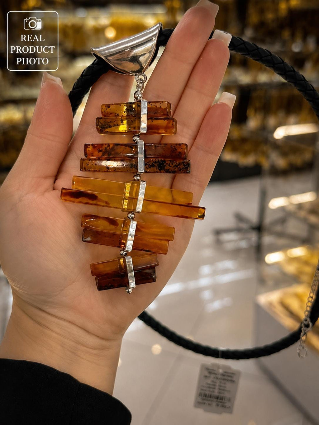 Genuine Baltic Amber Necklace 23.6 Inch Modern Statement Jewelry Honey Cognac Amber Pendant