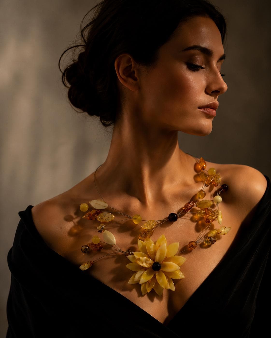 Natural Baltic Amber Floral Necklace – Artistic Beaded Statement Necklace – Avant Garde Amber Jewelry – Wearable Art Necklace – 15.7 Inch