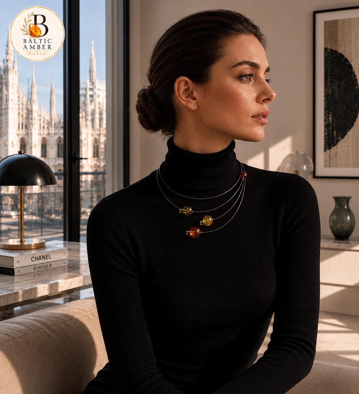 Designer Baltic Amber Beaded Necklace 15.7 Inches, Modern Statement Jewelry, Contemporary Amber Gift for Women