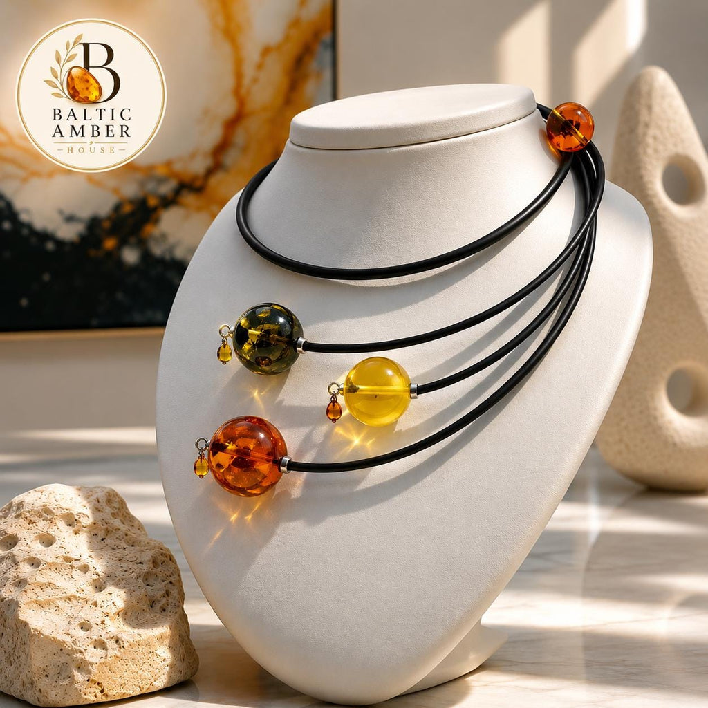 Designer Baltic Amber Beaded Necklace 15.7 Inches, Modern Statement Jewelry, Contemporary Amber Gift for Women