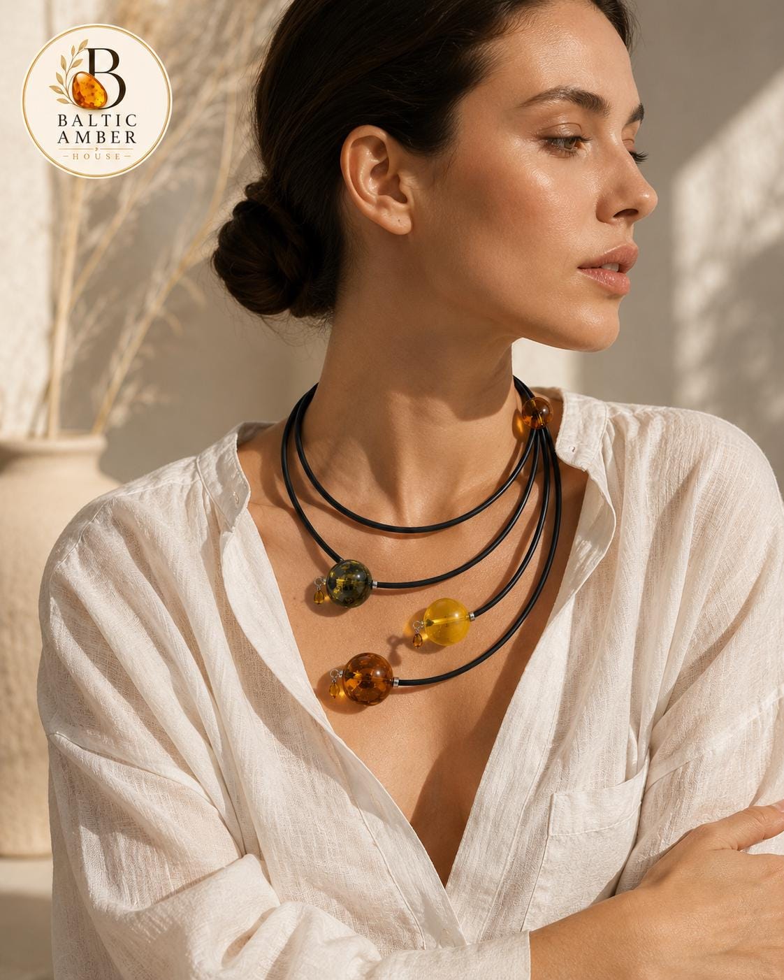 Designer Baltic Amber Beaded Necklace 15.7 Inches, Modern Statement Jewelry, Contemporary Amber Gift for Women