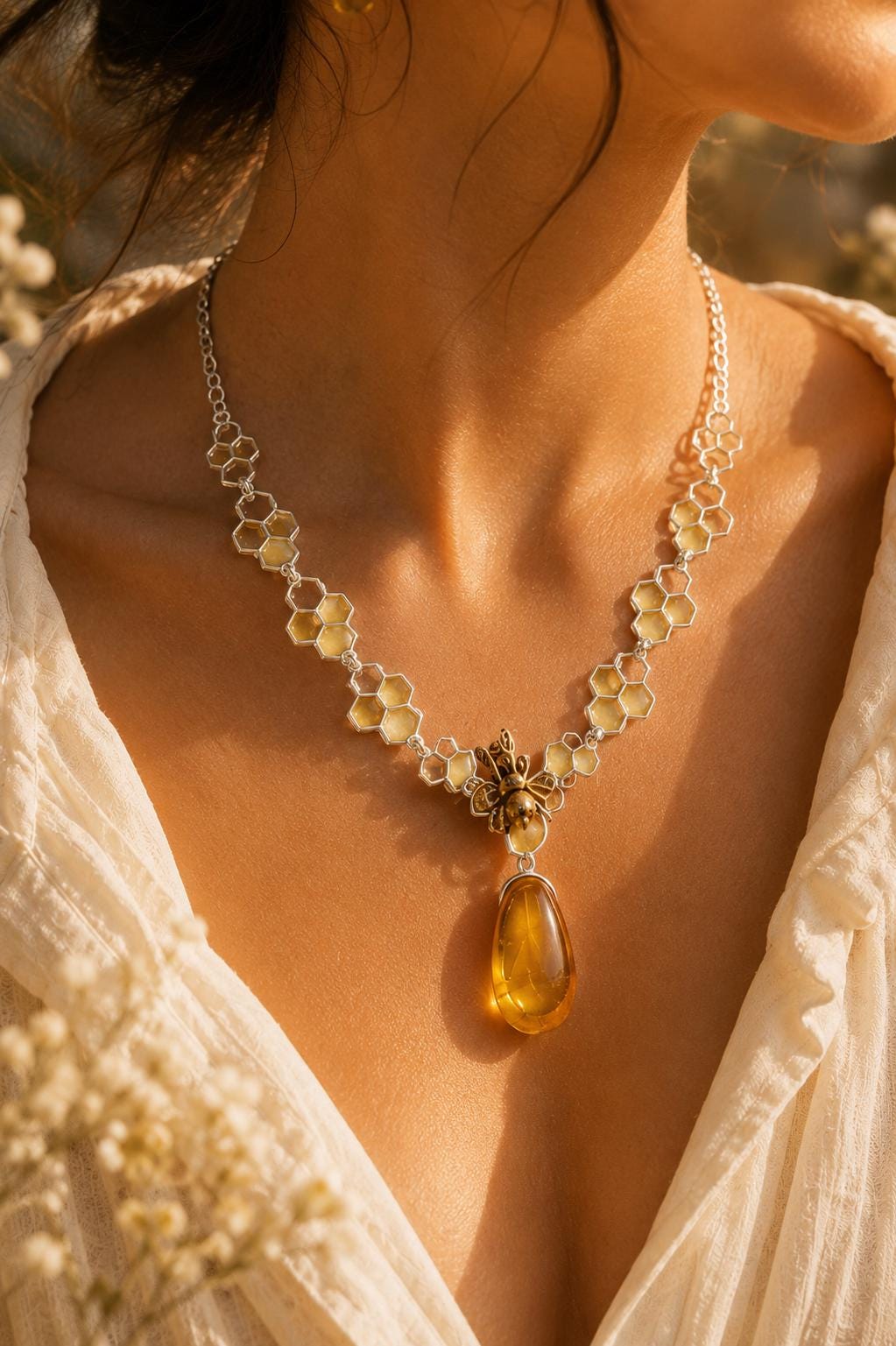 Baltic Amber Bee Pendant Necklace, Sterling Silver Honeycomb Necklace, Gold Plated Amber Jewelry, Designer Gift for Her, 18.9 Inch Necklace