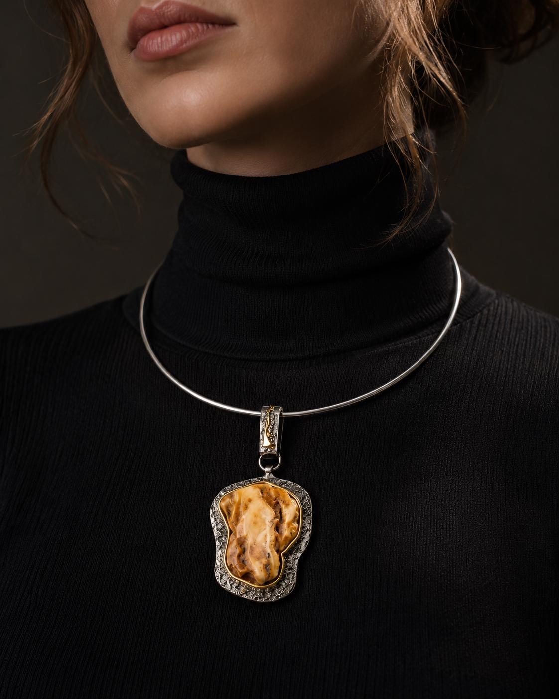 Large Baltic Amber Pendant Necklace, Sterling Silver & Gold Plated Jewelry, Designer Statement Necklace, 19.7 Inch Amber Jewelry