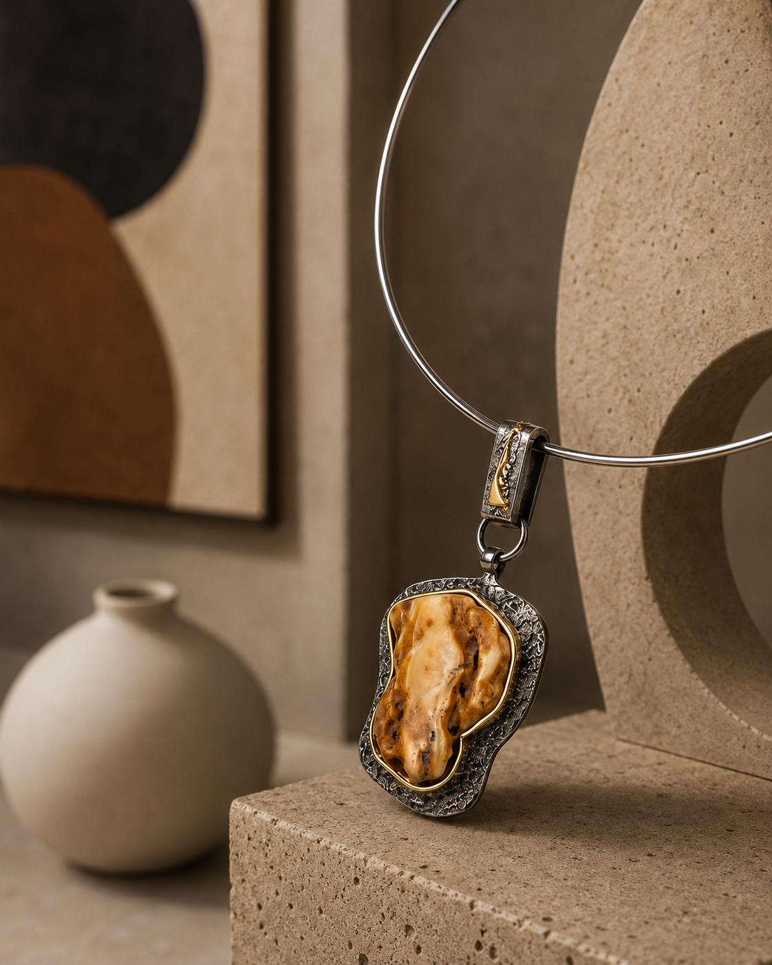 Large Baltic Amber Pendant Necklace, Sterling Silver & Gold Plated Jewelry, Designer Statement Necklace, 19.7 Inch Amber Jewelry