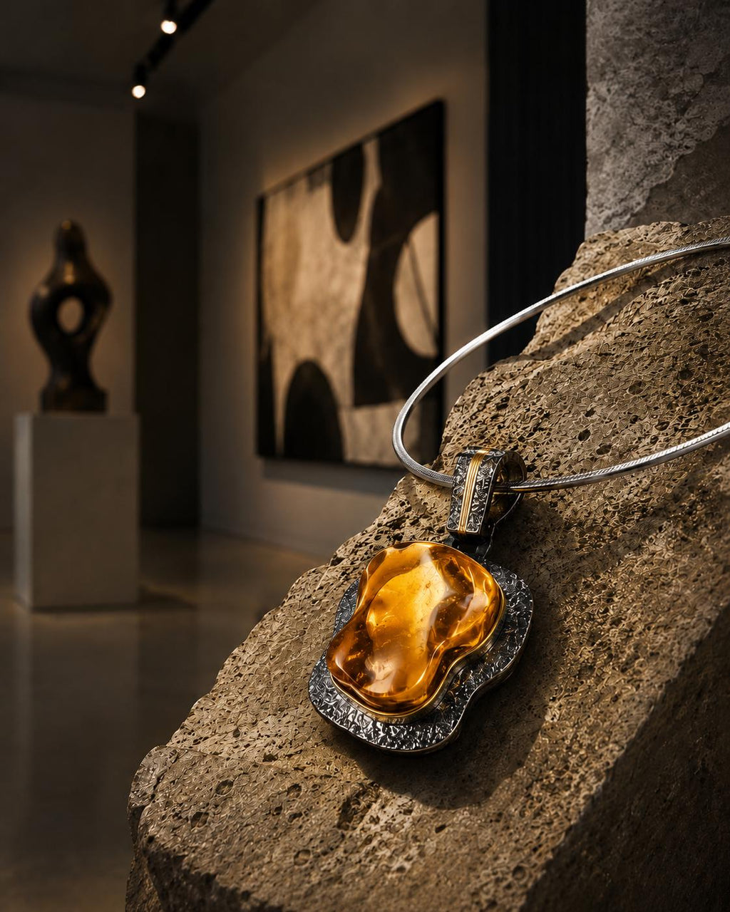Large Baltic Amber Pendant Necklace, Sterling Silver & Gold Plated Jewelry, Designer Statement Necklace, 19.7 Inch Amber Jewelry
