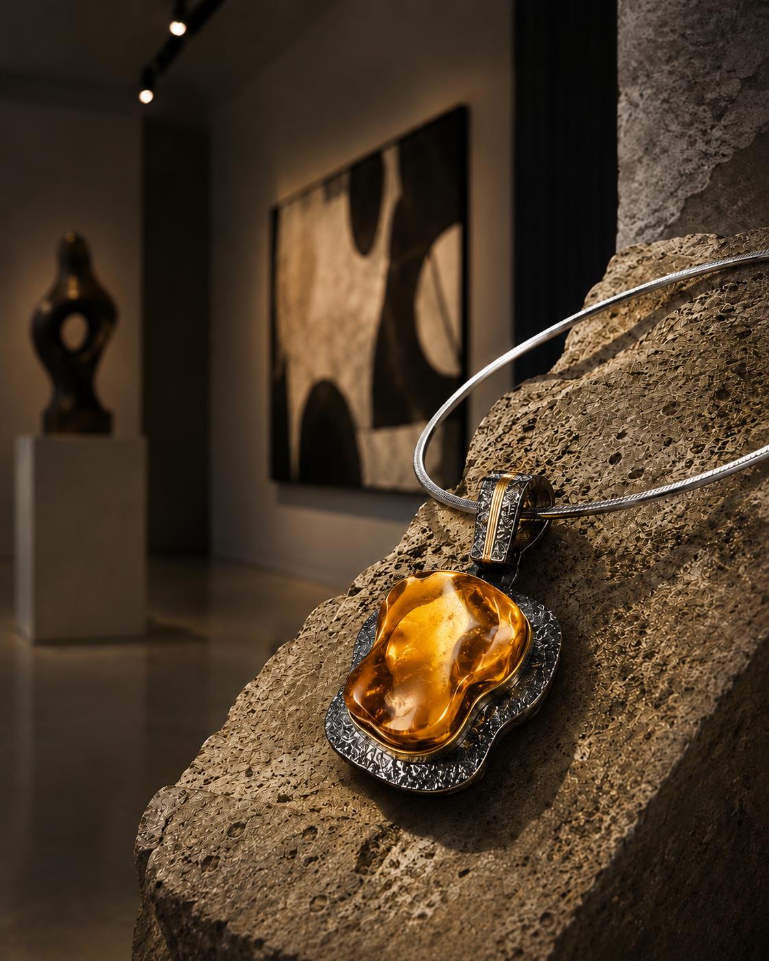 Large Baltic Amber Pendant Necklace, Sterling Silver & Gold Plated Jewelry, Designer Statement Necklace, 19.7 Inch Amber Jewelry