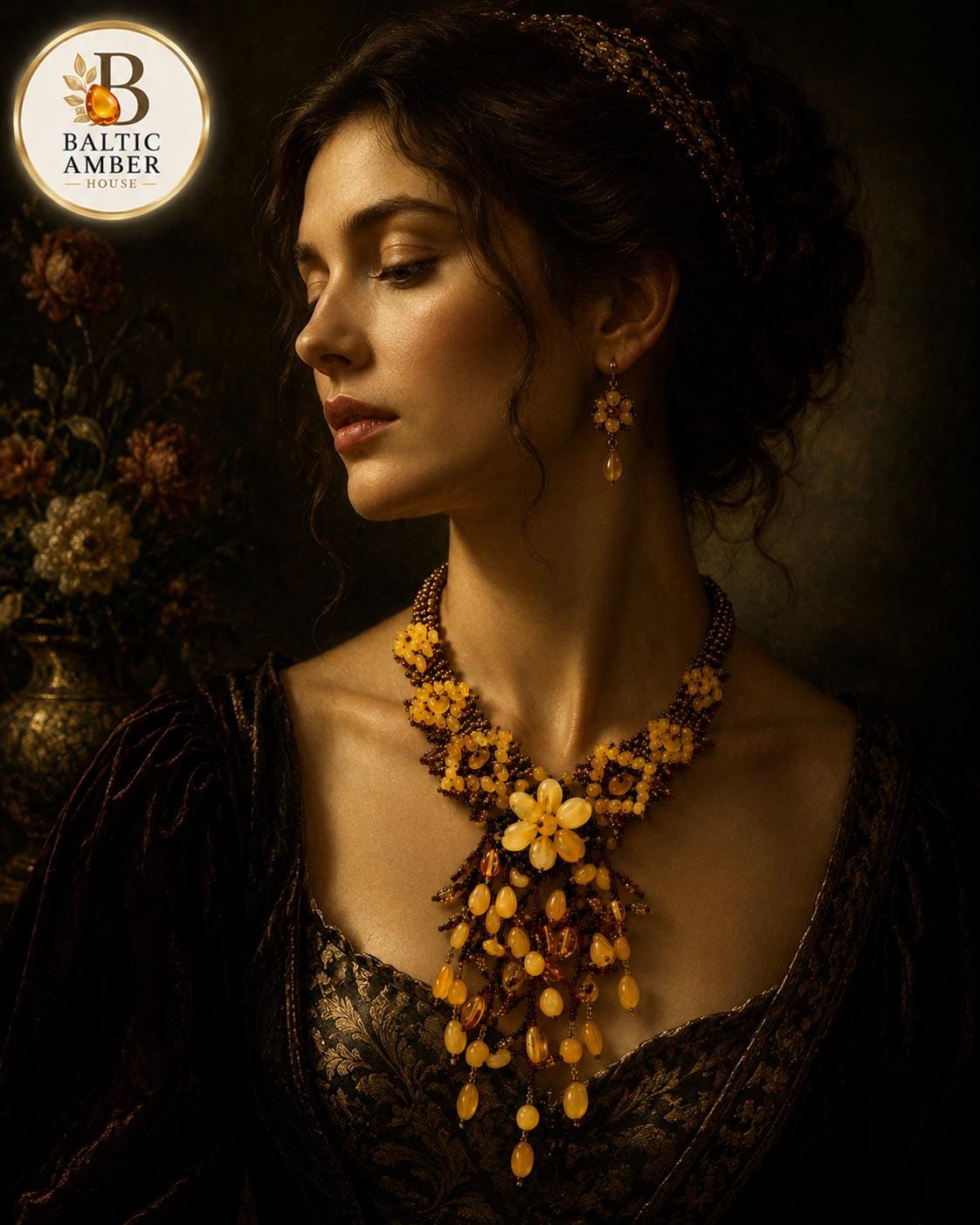 Natural Baltic Amber Floral Beaded Statement Necklace, Handmade Designer Amber Jewelry, Botanical Necklace, 17.7–18.9 Inch