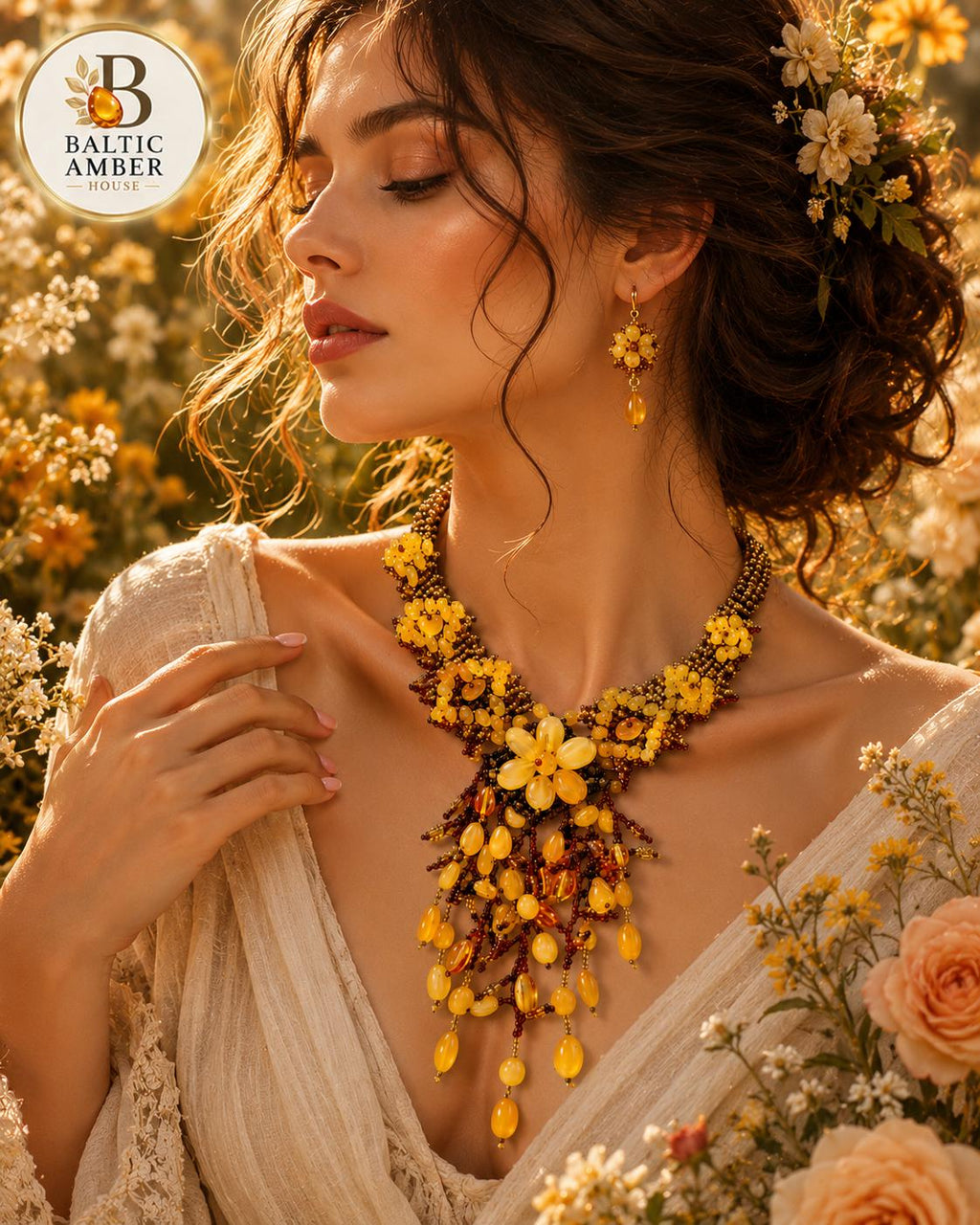 Natural Baltic Amber Floral Beaded Statement Necklace, Handmade Designer Amber Jewelry, Botanical Necklace, 17.7–18.9 Inch