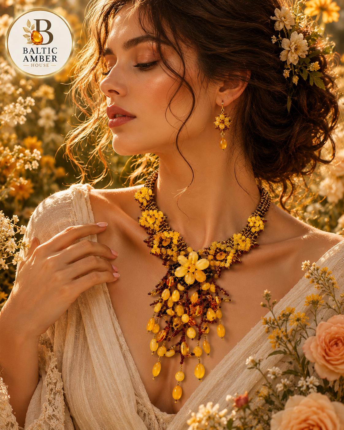 Natural Baltic Amber Floral Beaded Statement Necklace, Handmade Designer Amber Jewelry, Botanical Necklace, 17.7–18.9 Inch