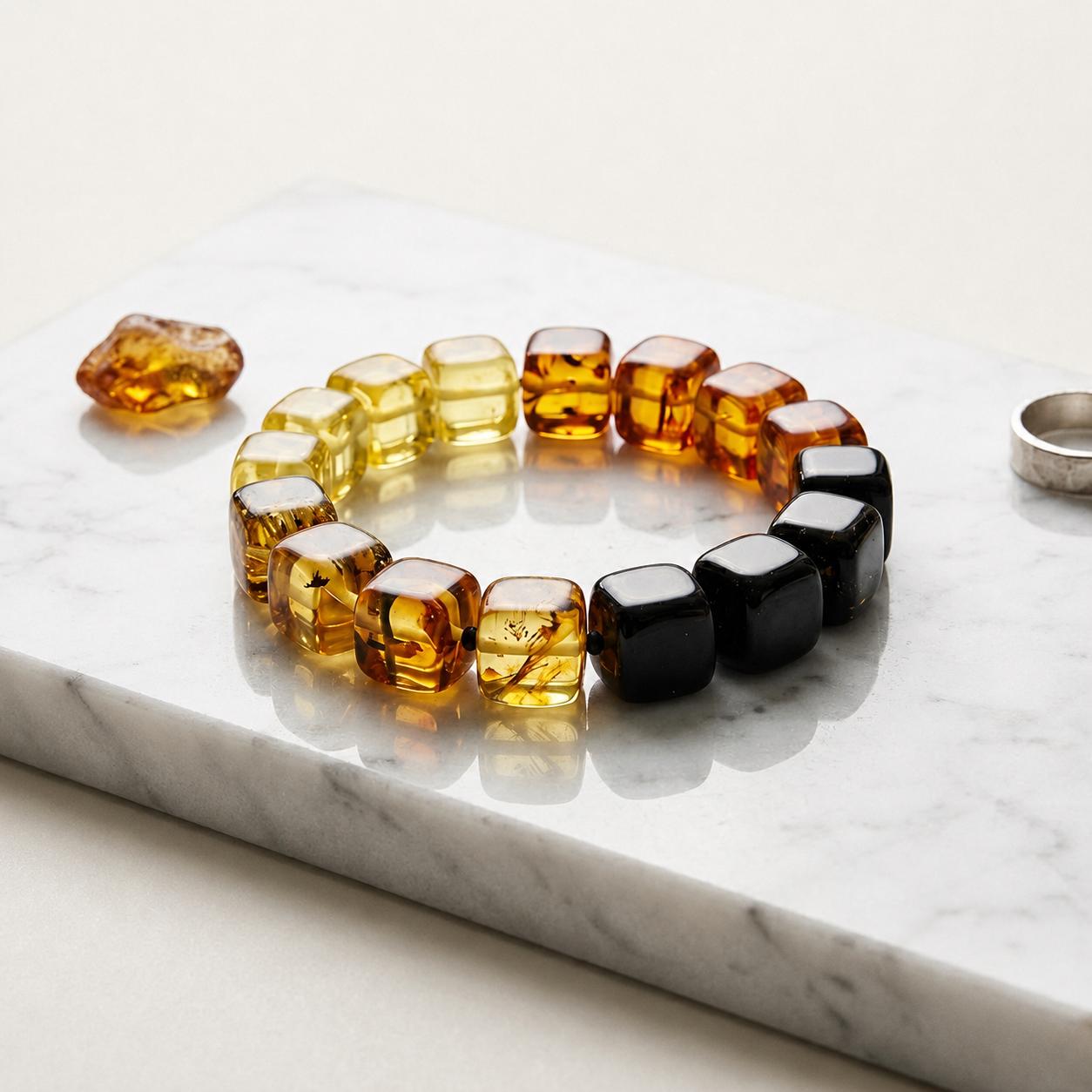 Genuine Baltic Amber Bracelet 7.1 Inches | Cube Bead Amber Bracelet | Lemon Honey Cognac & Dark Amber