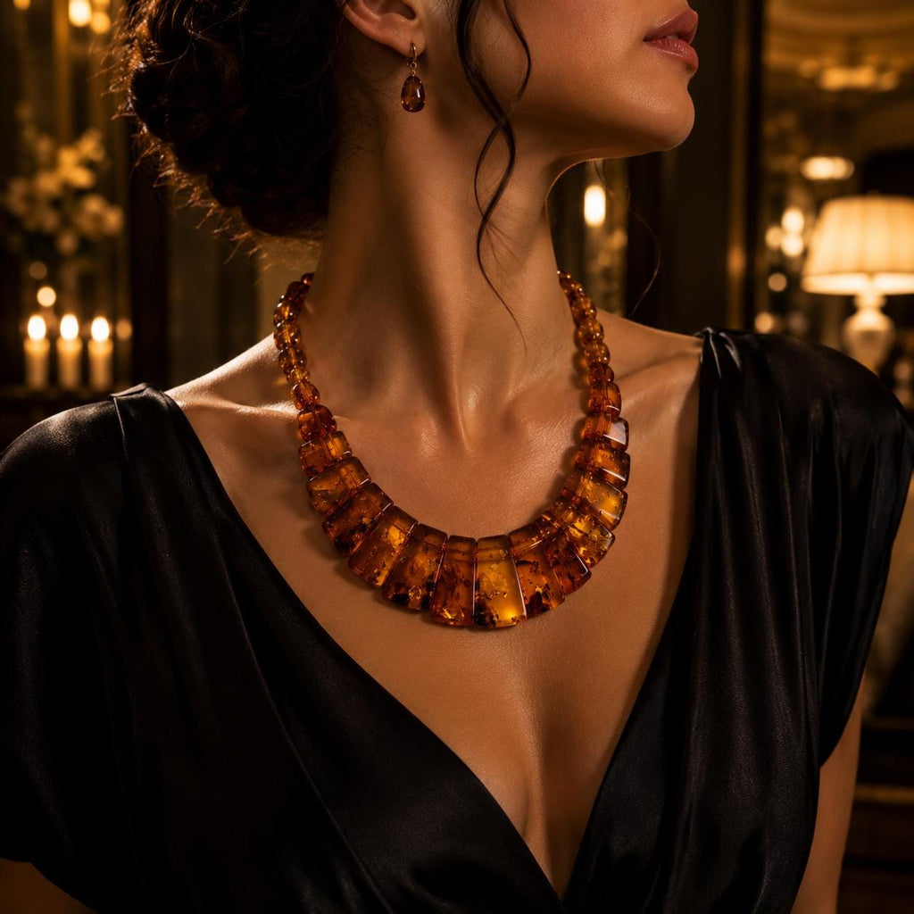 Luxury Baltic Amber Statement Necklace – Genuine Cognac Amber Jewelry – Elegant Old Money Style Necklace – Handmade Amber Gift – 17.7 Inch