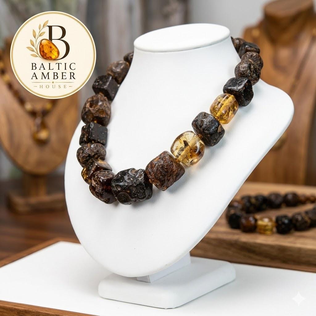 Genuine Baltic Amber Statement Necklace 21.3 Inches | Designer Chunky Amber Beaded Necklace | Collector Jewelry | One of a Kind Gift