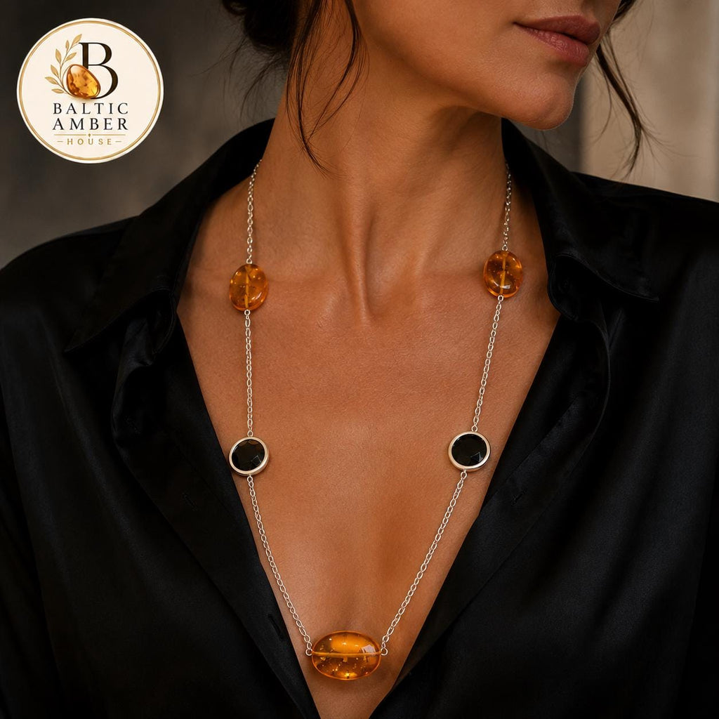 Designer Baltic Amber Statement Necklace 27.6 Inches | Large 0.79–0.98 Inch Amber Stones | Luxury Artisan Jewelry | One of a Kind Collection