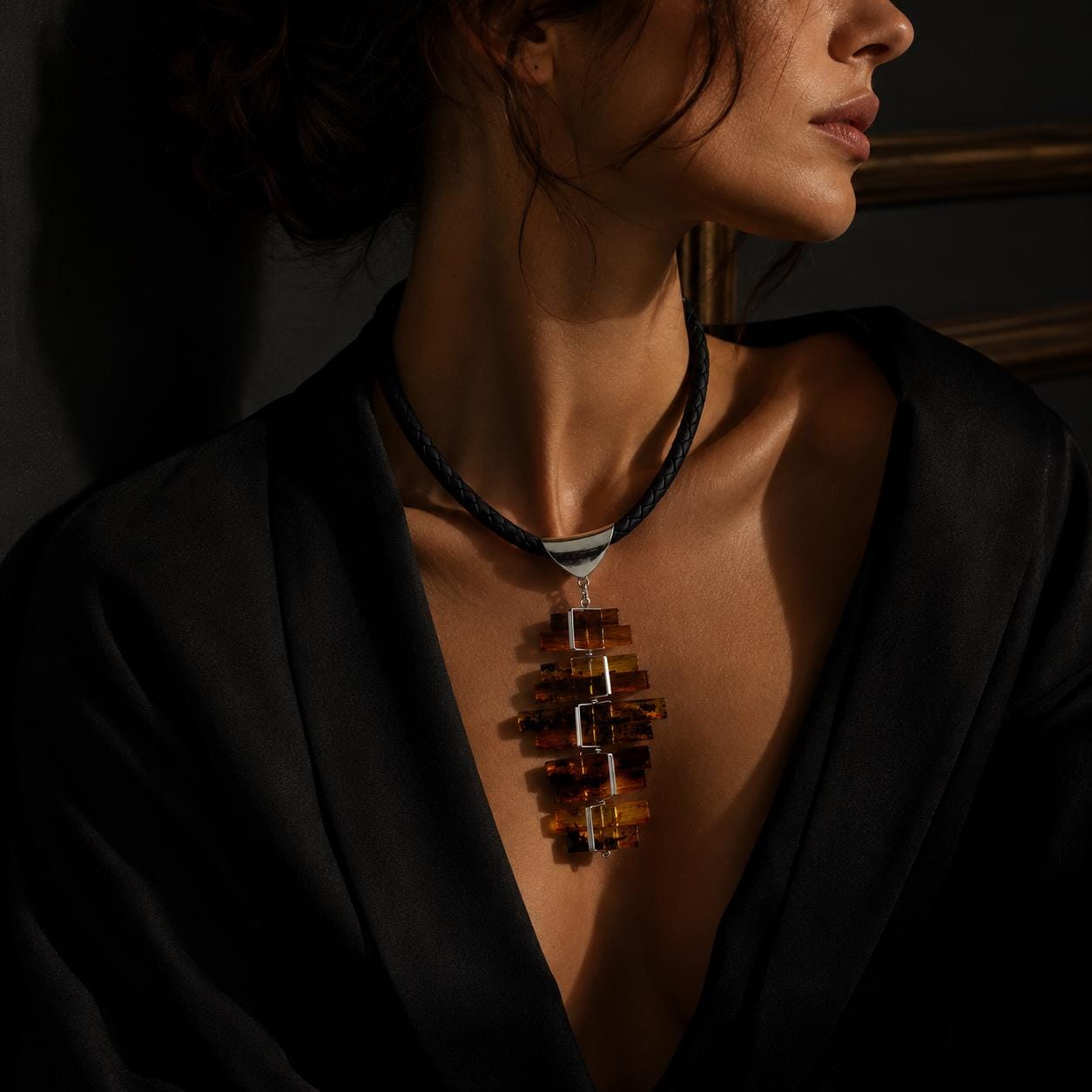 Genuine Baltic Amber Necklace 23.6 Inch Modern Statement Jewelry Honey Cognac Amber Pendant
