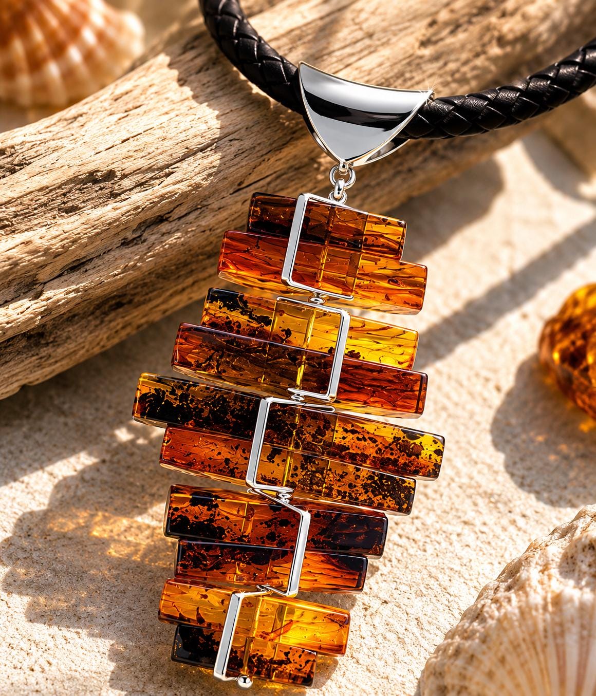 Genuine Baltic Amber Necklace 23.6 Inch Modern Statement Jewelry Honey Cognac Amber Pendant