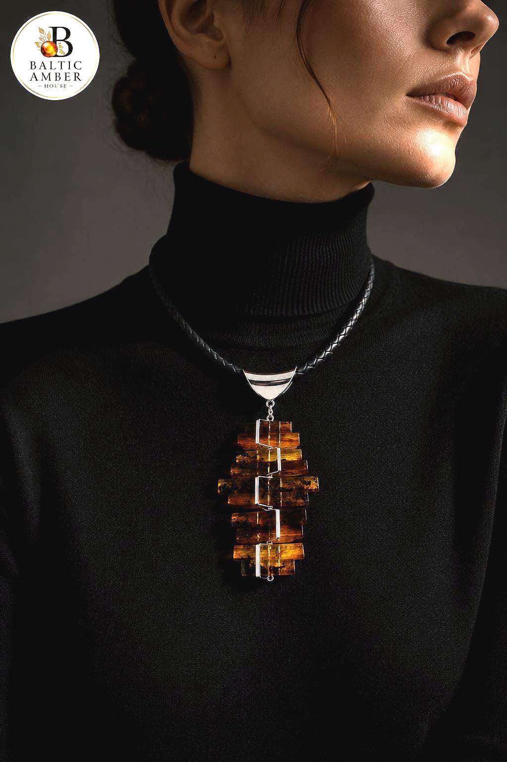 Genuine Baltic Amber Necklace 23.6 Inch Modern Statement Jewelry Honey Cognac Amber Pendant