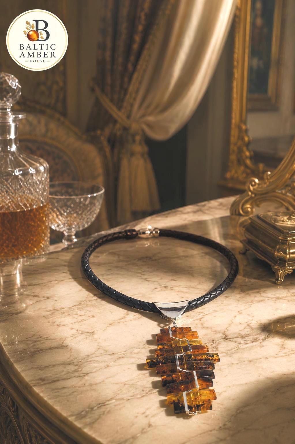 Genuine Baltic Amber Necklace 23.6 Inch Modern Statement Jewelry Honey Cognac Amber Pendant