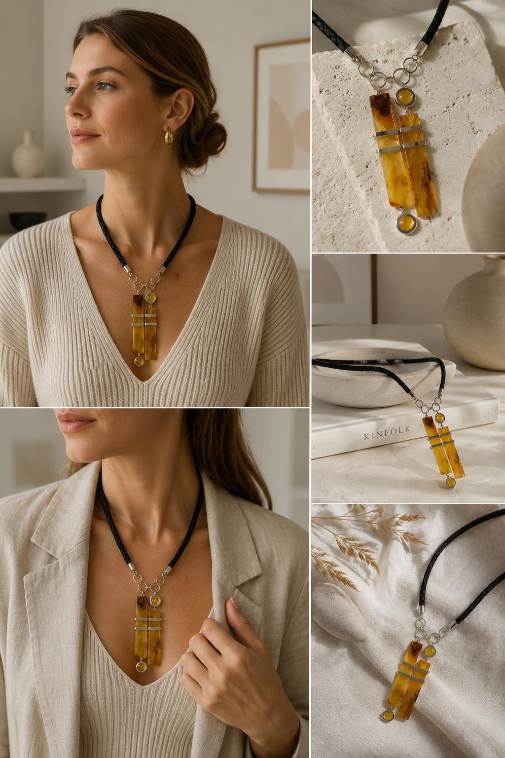 Genuine Baltic Amber Necklace Modern Geometric Pendant Honey Amber Jewelry 19.7 Inch