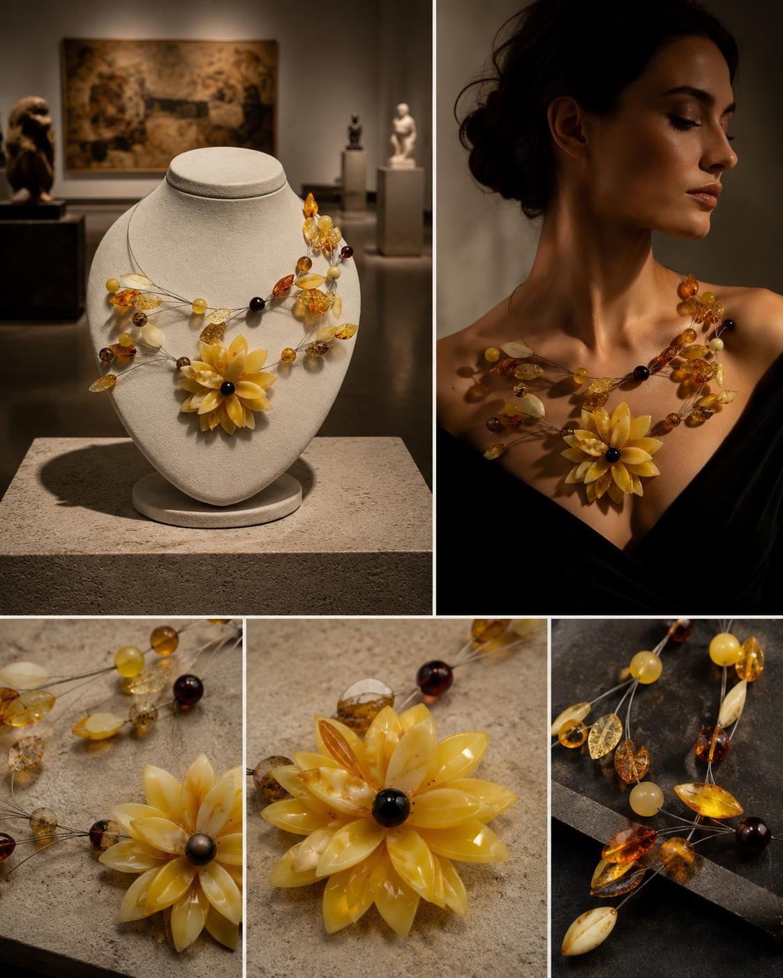Natural Baltic Amber Floral Necklace – Artistic Beaded Statement Necklace – Avant Garde Amber Jewelry – Wearable Art Necklace – 15.7 Inch