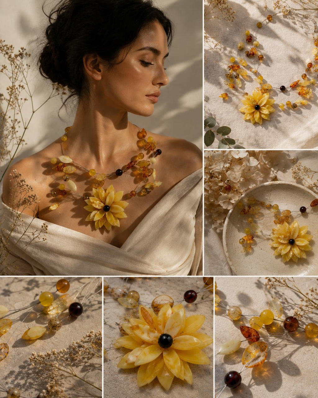Natural Baltic Amber Floral Necklace – Artistic Beaded Statement Necklace – Avant Garde Amber Jewelry – Wearable Art Necklace – 15.7 Inch