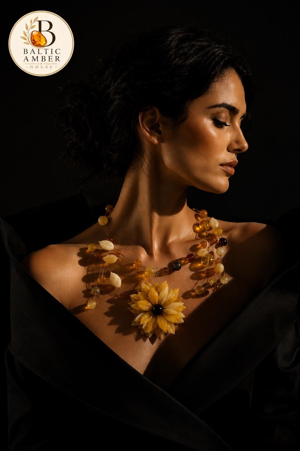Natural Baltic Amber Floral Necklace – Artistic Beaded Statement Necklace – Avant Garde Amber Jewelry – Wearable Art Necklace – 15.7 Inch