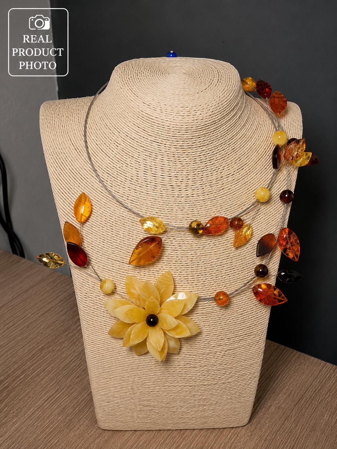 Natural Baltic Amber Floral Necklace – Artistic Beaded Statement Necklace – Avant Garde Amber Jewelry – Wearable Art Necklace – 15.7 Inch