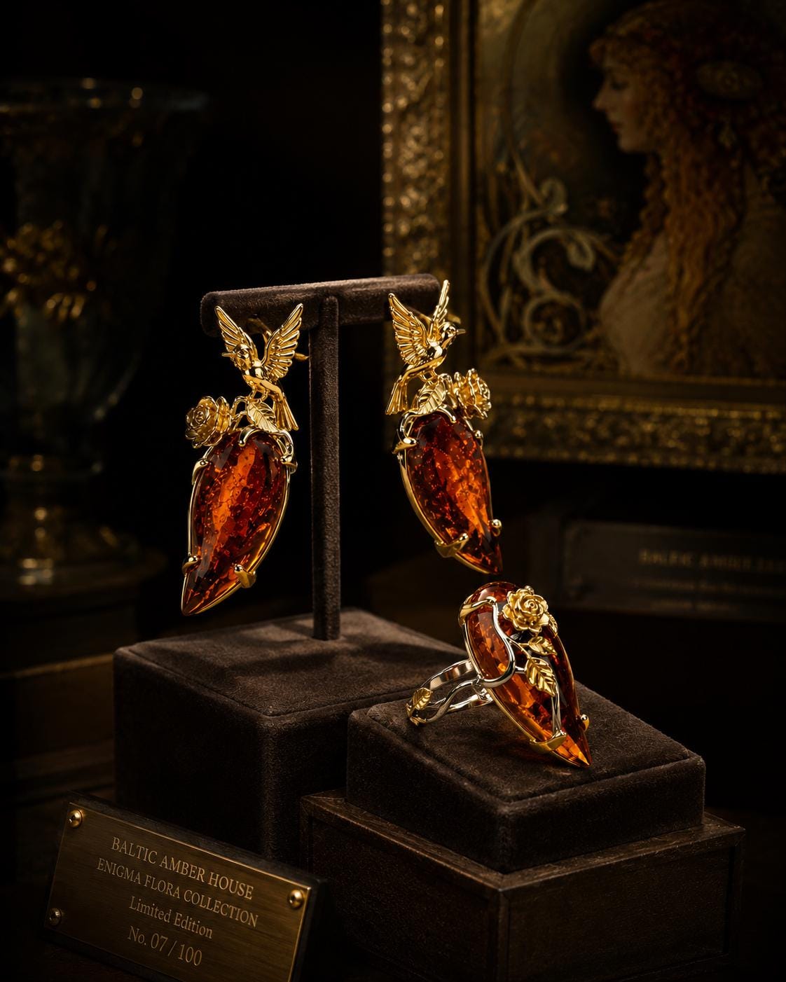 Baltic Amber Jewelry Set, 925 Sterling Silver Gold Vermeil, Designer Earrings and Ring Set