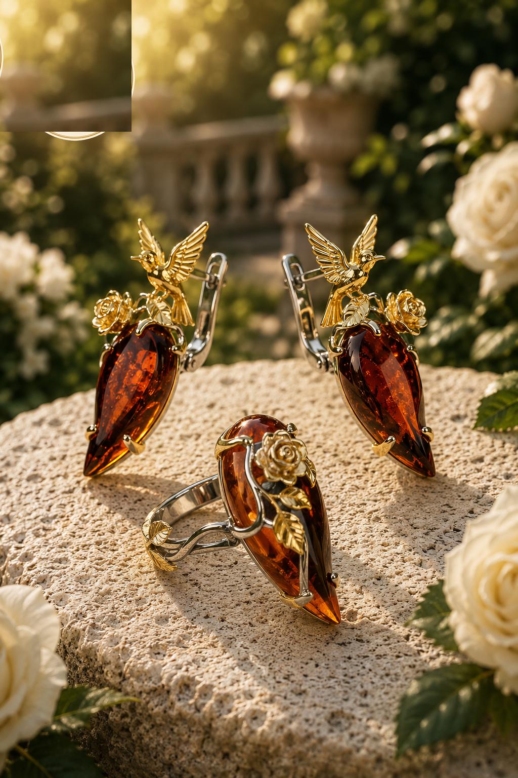 Baltic Amber Jewelry Set, 925 Sterling Silver Gold Vermeil, Designer Earrings and Ring Set