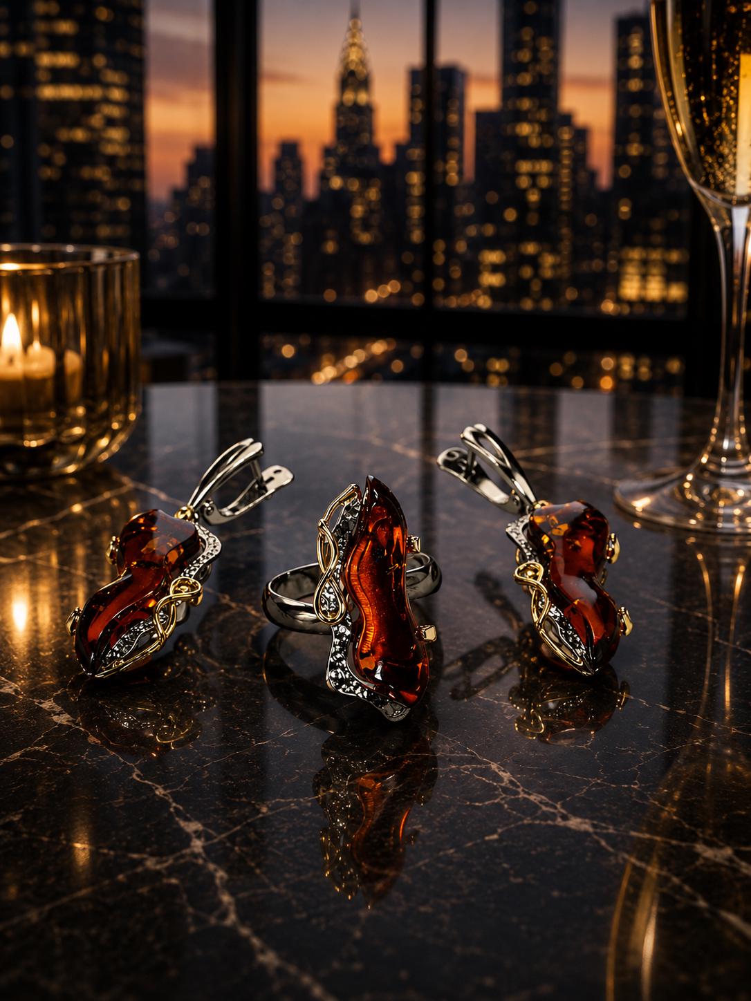Designer Baltic Amber Jewelry Set 1.26 Inch, 925 Sterling Silver Gold Plated Ring and Earrings Set, Genuine Baltic Amber Gift for Her