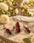 Designer Baltic Amber Jewelry Set 1.26 Inch, 925 Sterling Silver Gold Plated Ring and Earrings Set, Genuine Baltic Amber Gift for Her
